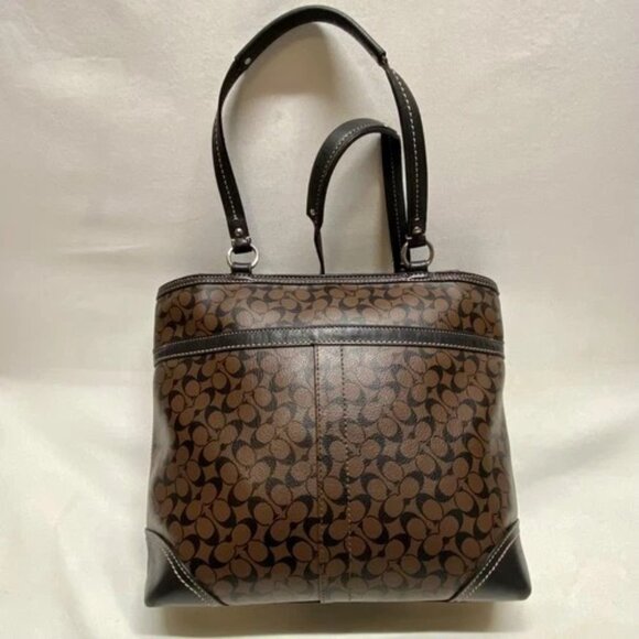 Coach Chelsea Heritage Tote F15137 Signature Stripe Black Brown Leather Handbag - Picture 15 of 16